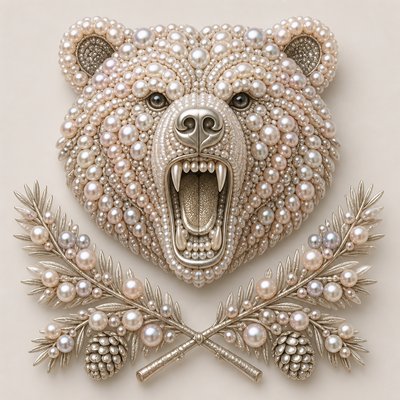 a roaring bear head above crossed pine branches, bold graphic composition on a plain background, no text