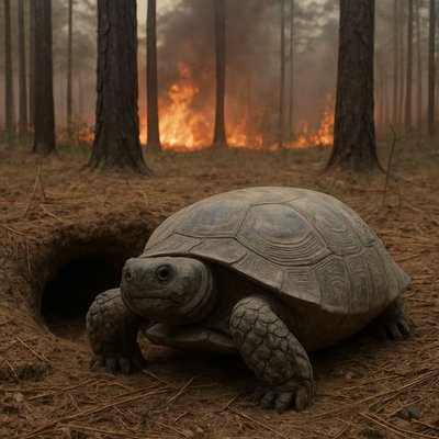 A gopher tortoise outside its burrow in a pine forest in Georgia, United States, preparing to find shelter from a growing wildfire. Photo-realistic. 
