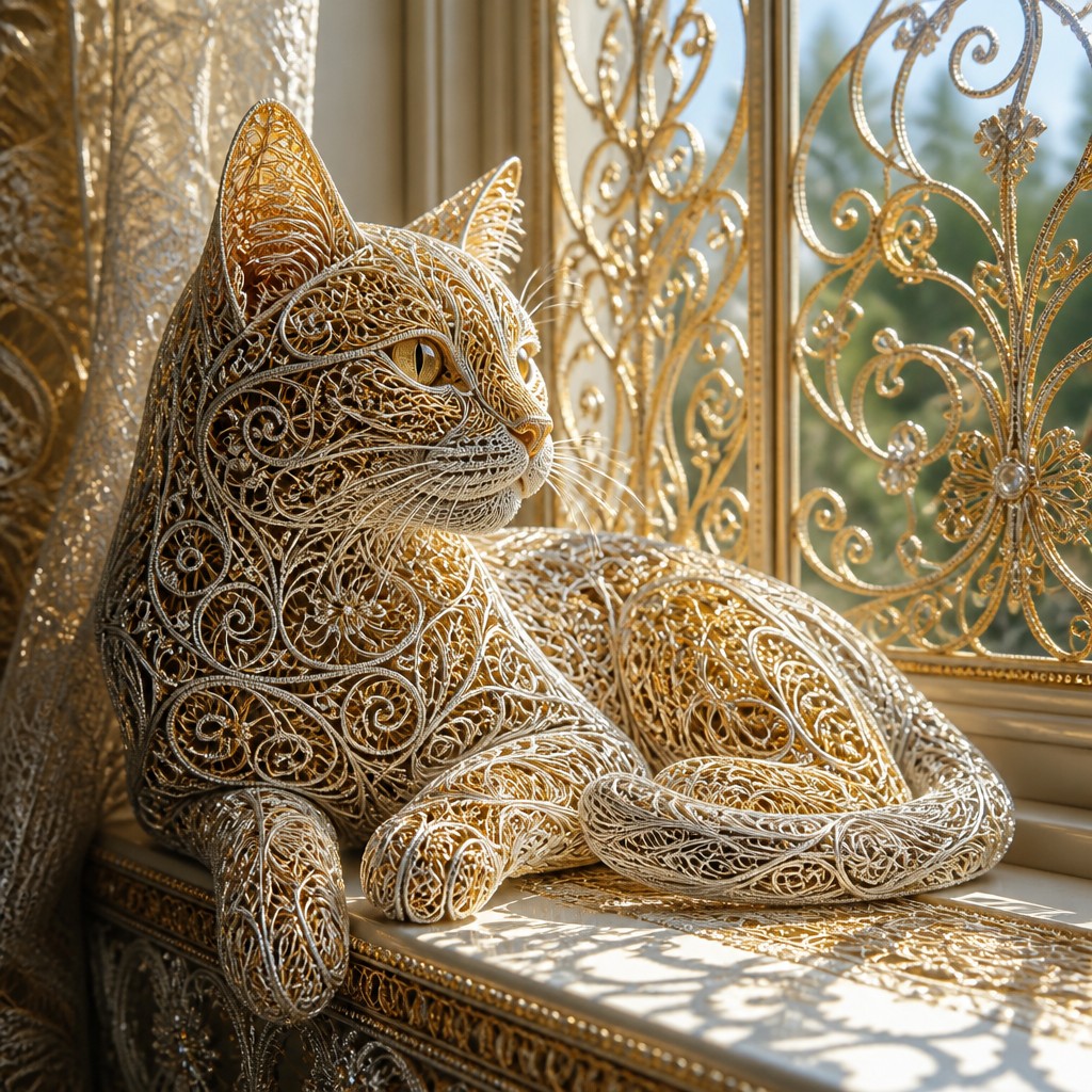 a cat lounging in a sunlit window — Filigree Jewelry Style