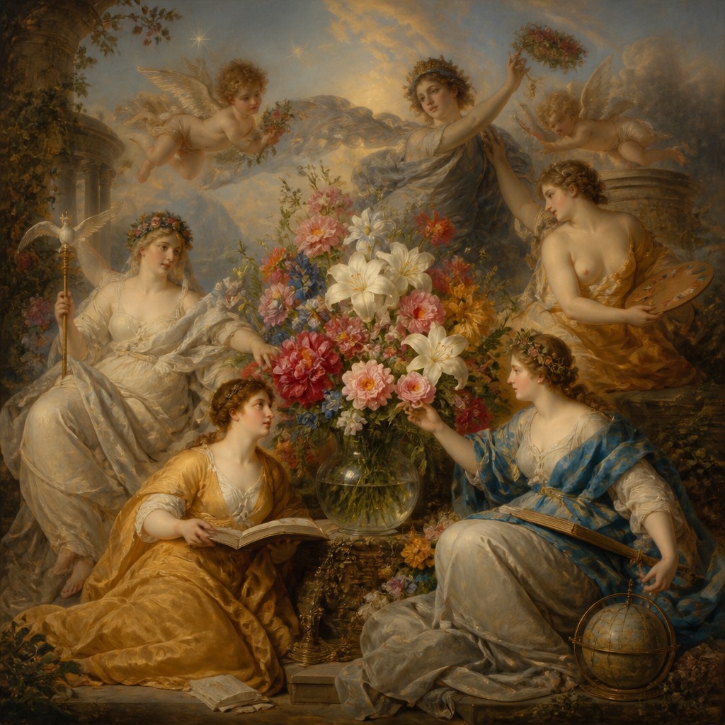 bouquet of flowers in a glass vase — Allegorical Painting Art Style