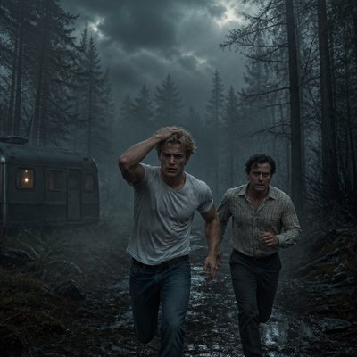 Ok tu me fait 2 personnages de roman , on va commencer avec un jeune homme la vaingtaine tres beau il est blond, il passe sa main dans ses cheveux, on voit le biceps il est en T-shirt blanc avec un jean à côté de lui, il se trouve un autre un homme dans les 50 ans, et alors là je veux que tu les cheveux noirs bouclé, sur les côtés, il a pas de lunettes il est en chemise, un daddy pas de barbe, pas de moustache. il a l’air d’être écrivant ou maire physiquement, il ressemble à tom loftis de widow bay , il a une chemise un peu démodé genre beige à carreaux et je veux que par rapport à l’image, il soit vraiment tout en bas genre un vrai roman quoi les deux personnages sont vus de loin en bas avec une ambiance énorme , mais qu’il soit un minimum visible, genre que je puisse voir leurs yeux Une ambiance assez froide avec un brouillard glaçant autour d’eux une forêt, un caravane je sais pas une ambiance vraiment inquiétante et vraiment je veux une ambiance comme si on parlait d’un roman genre le blond au milieu. On dirait qu’il court tous les deux ou qu’il fuit comme dans sa roman. En fait derrière eux l’ambiance angoissante ils sont devant.