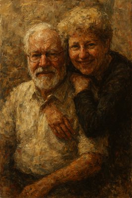 a painting of two older men hugging each other
