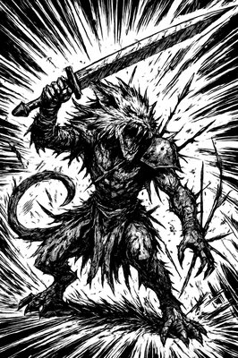 a black and white drawing of a demon holding a sword