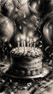 a birthday cake with lit candles surrounded by balloons and confetti, festive vertical composition, no text