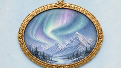 a flowing aurora over snowy peaks, wide sweeping composition, no people, no text
