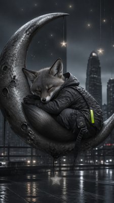 a sleeping baby fox curled on a crescent moon among soft stars, gentle and warm, no text