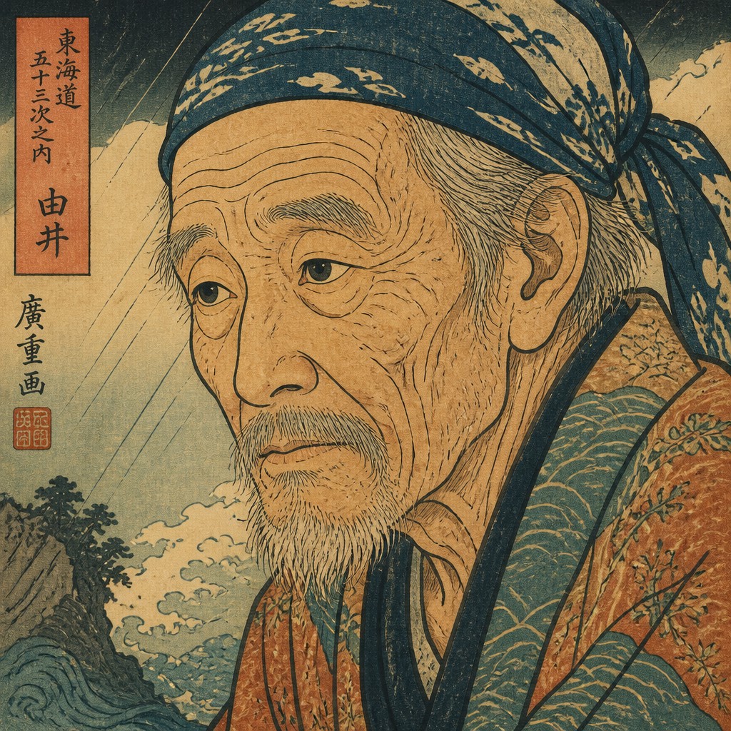 close-up portrait of an elderly person with expressive weathered features — Ukiyo-e Art Style