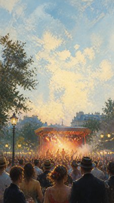 a live music scene with a glowing stage and silhouetted crowd, energetic vertical composition with open space at the top, no text