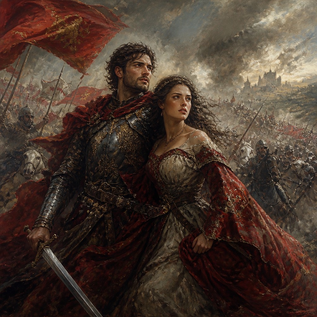 portrait of two people together — Battle Scene Painting Style
