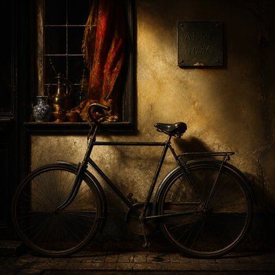 bicyle resting against a wall