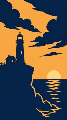 a lone lighthouse on a cliff at dusk under a dramatic sky, no text or lettering