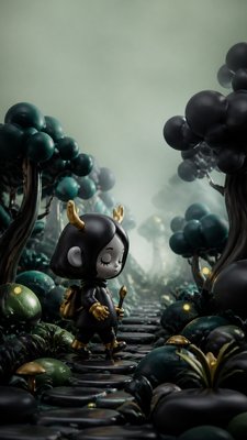 a mysterious forest path with fireflies and drifting mist, atmospheric vertical composition with open space at the top, no text