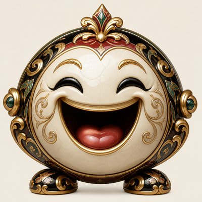 an exaggerated laughing face of an original round mascot character, bold and readable at small size, plain background, no text