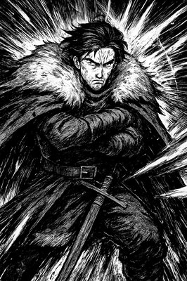 a man with a sword standing in the snow