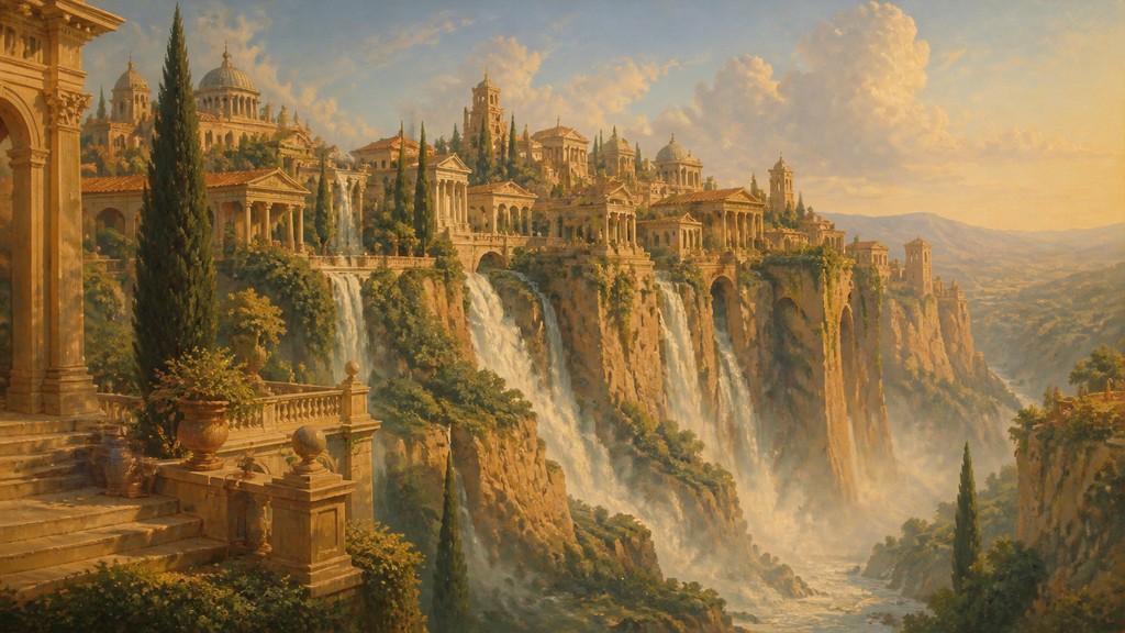 a cliffside city with waterfalls cascading into a misty canyon, wide establishing shot, no people, no text