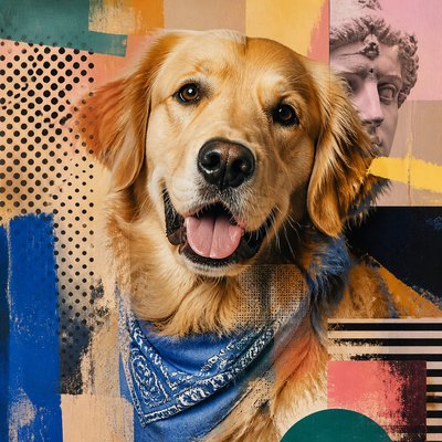 portrait of a golden retriever wearing a blue bandana, warm plain backdrop, no text