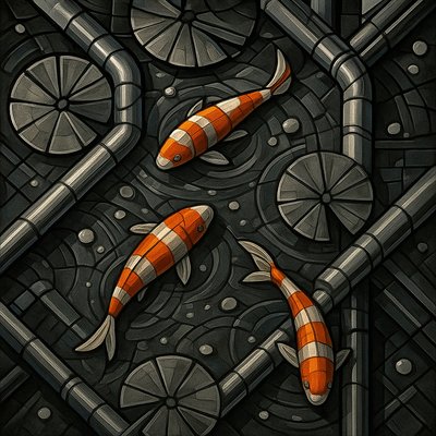 A koi pond seen from above, orange and white koi fish swimming among lily pads, clear water with subtle ripples, fallen cherry blossom petals floating on the surface, dappled sunlight