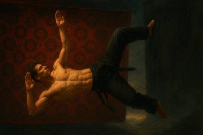 a painting of a man laying on his back