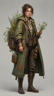 full-body original character: a wandering botanist with a satchel of plants, a patched green cloak, tall boots and round glasses, neutral background