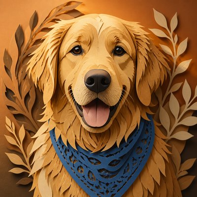 portrait of a golden retriever wearing a blue bandana, warm plain backdrop, no text