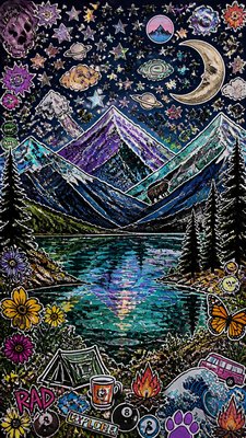 a tranquil mountain lake beneath a starry night sky, no people, no text