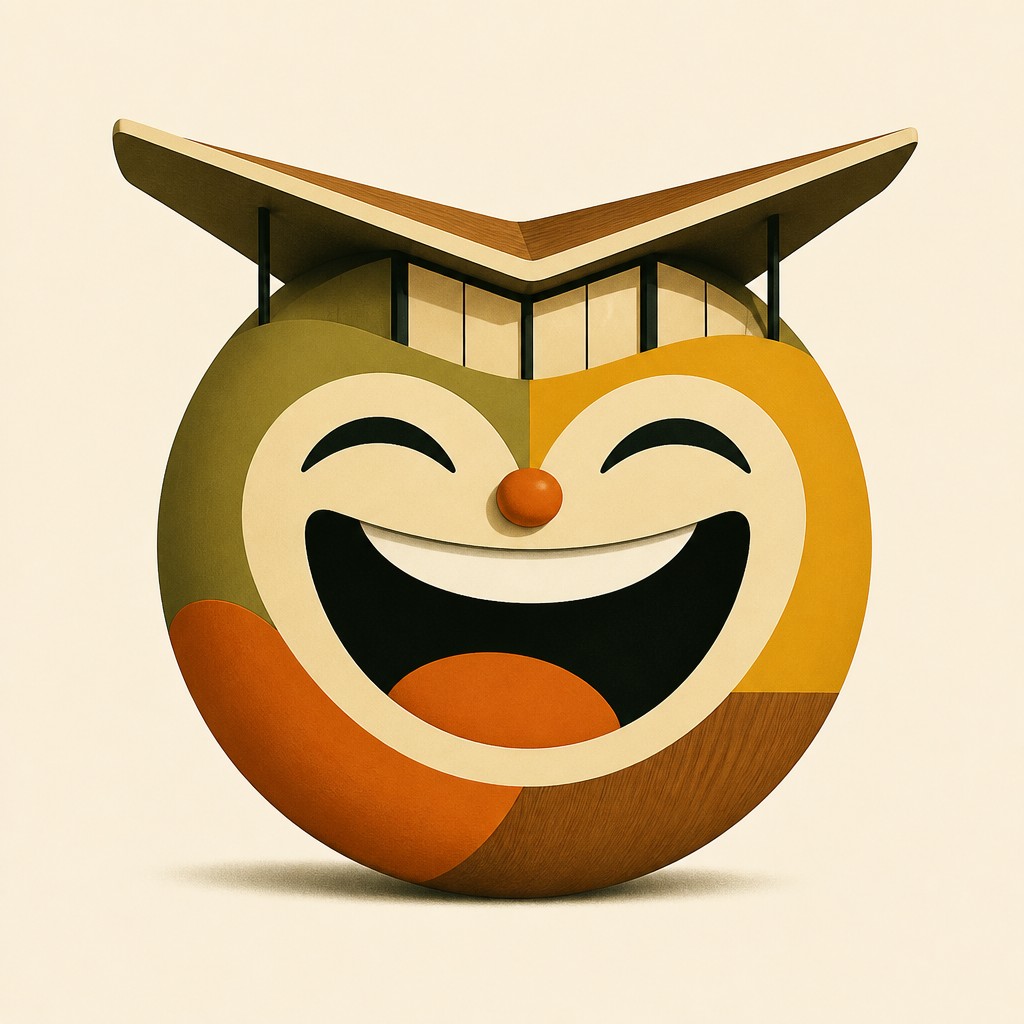 an exaggerated laughing face of an original round mascot character, bold and readable at small size, plain background, no text