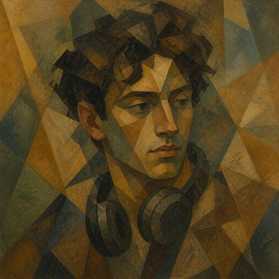 head-and-shoulders portrait of an original character: a young man with curly dark hair and headphones around his neck, plain backdrop, no text