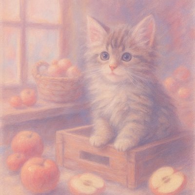 a pastel drawing of a kitten sitting on a crate