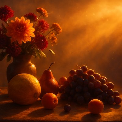 still life arrangement of fruits and flowers