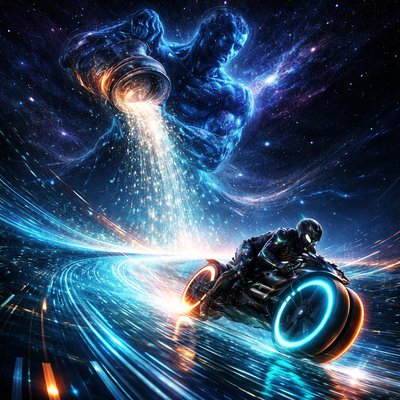 Neon-Futurism Digital Art Style, Bioluminescent Sci-Fi Cosmic Setting, Fluid Motion Composition. A high-speed, kinetic shot where the rigid grid of space begins to liquefy and flow.

The Rider & Bike Consistency: The lone motorcyclist—wearing the signature sleek, armored suit and integrated helmet—is crouched low in a speed-tuck on the hubless "light-cycle" sportbike. The cyan and orange neon rings of the wheels are spinning so fast they blur into solid circles of light. The bike is no longer on a flat road but is leaning into a deep, banking curve on a translucent "river" of light.

The Path (The Fluid Ecliptic): The glowing blue laser-grid highway has transformed into a rushing river of "digital water"—a stream made of flowing binary code, liquid starlight, and shimmering teal currents that surge through the dark void.

The Aquarius Presence: Looming in the background is the monumental celestial figure of Aquarius, the Water Bearer. He is a titan composed of deep sapphire light and translucent nebulae. He holds a massive, glowing urn made of white-hot star-fire, tilted downward.

The Action: From the urn, a cascading waterfall of new stars and liquid data pours out, feeding directly into the highway the rider is traveling on. The rider is "surfing" the leading edge of this cosmic flood, with glowing spray and digital "droplets" of light kicking up from the wheels.

Atmosphere: A sense of overwhelming scale and rushing speed. The colors are dominated by deep sapphires, electric teals, and the brilliant white-gold of the pouring stars, all reflecting off the rider’s visor and the bike’s polished chassis.