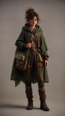 full-body original character: a wandering botanist with a satchel of plants, a patched green cloak, tall boots and round glasses, neutral background