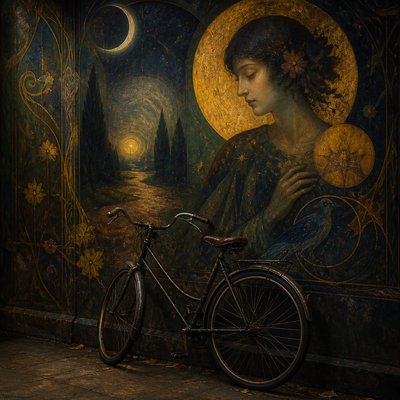 bicyle resting against a wall — Symbolism Art Style