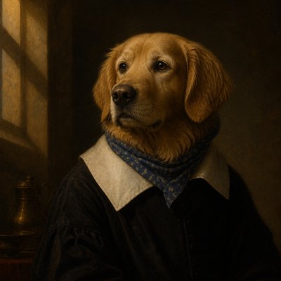 portrait of a golden retriever wearing a blue bandana, warm plain backdrop, no text