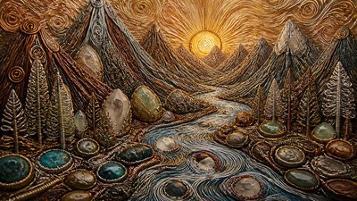 a vast valley with a river winding toward distant mountains at sunrise, no people, no text