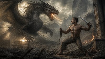 a man holding a sword in front of a dragon