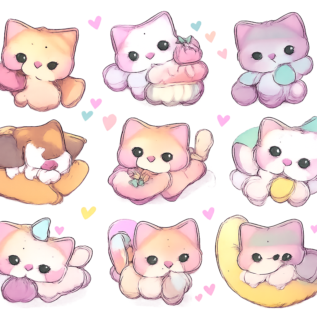 9 stiker kucing dengan warna water colour background polos