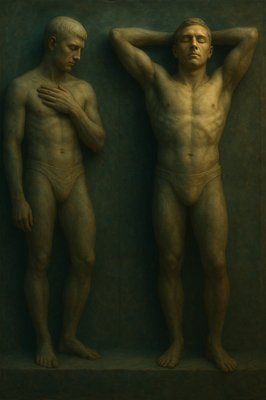 a couple of statues of men standing next to each other