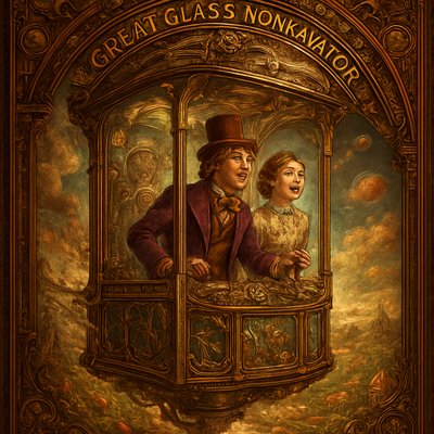 An awe-inspiring and whimsical scene featuring Willy Wonka's Great Glass Wonkavator, soaring through the sky and beyond the confines of the chocolate factory. The Wonkavator itself is a magnificent, multi-directional glass elevator, transparent and sparkling, with a middle aged Willy Wonka (wearing his iconic top hat, purple coat, and bowtie) and a young Victorian well dressed lady looking out with expressions of joy, wonder and excitement. The interior is filled with intricate buttons and levers for controlling its magical flight. The Wonkavator is depicted in mid-flight, perhaps bursting through the factory roof or ascending above the clouds. Below it, the fantastical landscape of the Chocolate Factory is visible – chocolate rivers, edible gardens, candy cane trees, and various whimsical buildings. Beyond the factory, a stunning, imaginative sky unfolds, perhaps with floating candy clouds, distant fantastical landmarks, or even glimpses of outer space and planets. The lighting is bright and magical, emphasizing the glass's transparency and the vibrant colors of the world below and beyond. The overall mood is one of boundless adventure, limitless possibilities, and pure, joyful fantasy."