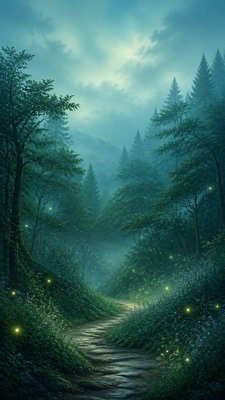 a mysterious forest path with fireflies and drifting mist, atmospheric vertical composition with open space at the top, no text