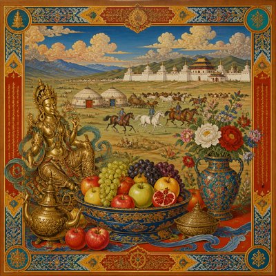 still life arrangement of fruits and flowers