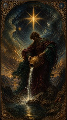 a robed figure pouring water beneath a large eight-pointed star in a night sky, symmetrical composition with an ornate decorative border, no text