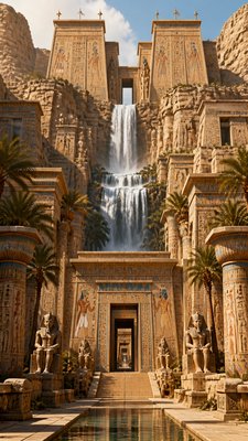towering waterfall cascading down a cliff