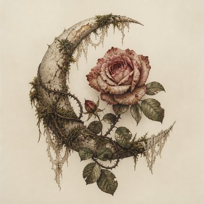 a rose entwined with a crescent moon, clean balanced composition on a plain background, no text