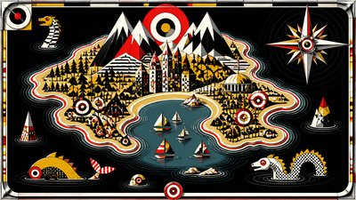 a map of an island realm with mountains, forests, a sheltered bay, sea monsters in the water and a compass rose, no text labels