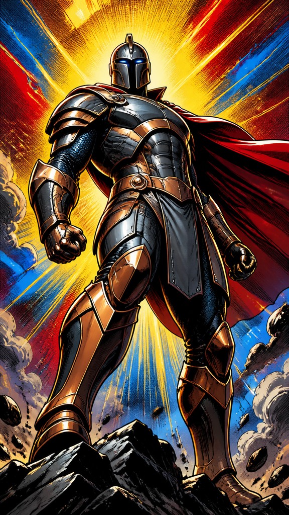 full-length portrait of an original armored hero in a bronze and slate costume with no emblem, dramatic low-angle pose