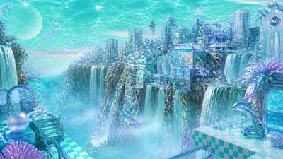a cliffside city with waterfalls cascading into a misty canyon, wide establishing shot, no people, no text