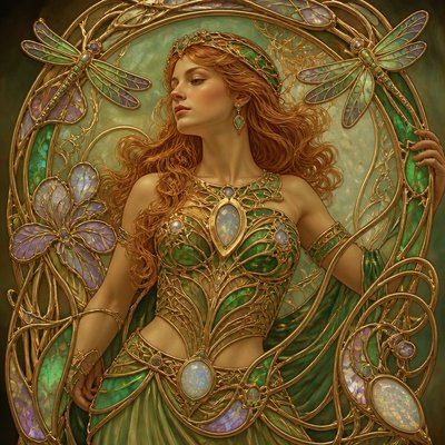 I want a goddess like wonder woman bit with green and gold color, she is redhead
