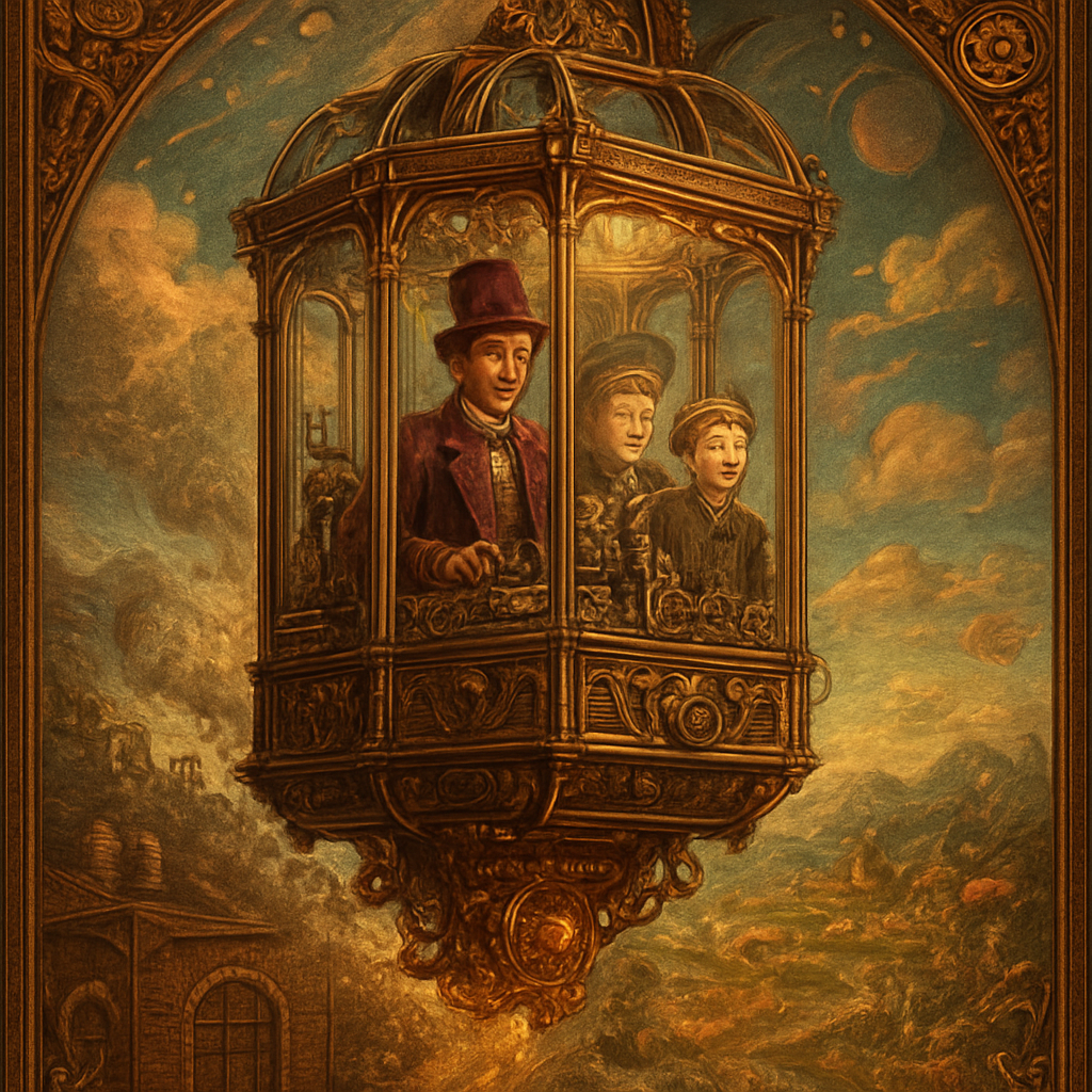 An awe-inspiring and whimsical scene featuring Willy Wonka's Great Glass Wonkavator, soaring through the sky and beyond the confines of the chocolate factory. The Wonkavator itself is a magnificent, multi-directional glass elevator, transparent and sparkling, with Willy Wonka (wearing his iconic top hat, purple coat, and bowtie) and Charlie Bucket (and perhaps Grandpa Joe) inside, looking out with expressions of wonder and excitement. The interior is filled with intricate buttons and levers for controlling its magical flight.
The Wonkavator is depicted in mid-flight, perhaps bursting through the factory roof or ascending above the clouds. Below it, the fantastical landscape of the Chocolate Factory is visible – chocolate rivers, edible gardens, candy cane trees, and various whimsical buildings. Beyond the factory, a stunning, imaginative sky unfolds, perhaps with floating candy clouds, distant fantastical landmarks, or even glimpses of outer space and planets. The lighting is bright and magical, emphasizing the glass's transparency and the vibrant colors of the world below and beyond. The overall mood is one of boundless adventure, limitless possibilities, and pure, joyful fantasy."
