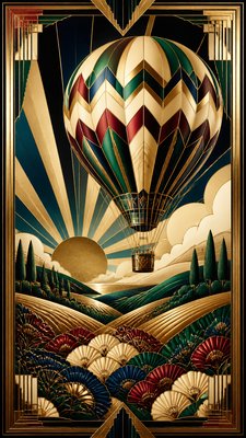 a hot air balloon drifting over rolling flower fields on a sunny day, cheerful, no text