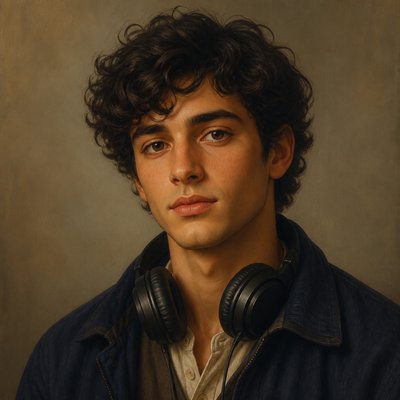 head-and-shoulders portrait of an original character: a young man with curly dark hair and headphones around his neck, plain backdrop, no text